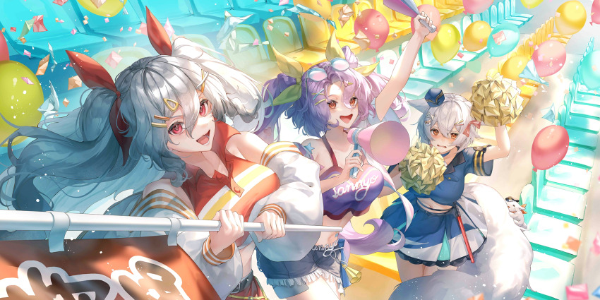 3girls alternate_costume alternate_hairstyle alternate_headwear aqua_skirt balloon baton_(weapon) batory_ken belt blue_hair blue_shirt blue_shorts blue_skirt blush breasts character_name cheerleader clothes_writing confetti denim dog dog_hair_ornament english_text eyewear_on_head frilled_skirt frills grey_hair hair_ornament hair_ribbon hairclip hat highres holding holding_megaphone inubashiri_momiji jacket jeans komakusa_sannyo long_hair megaphone midriff mini_hat multicolored_shirt multicolored_skirt multiple_girls navel official_art open_clothes open_jacket open_mouth pants police police_uniform policewoman pom_pom_(cheerleading) red_eyes red_ribbon red_shirt ribbon sakata_nemuno shirt shorts skirt smile third-party_source touhou touhou_lostword twintails very_long_hair weapon white_skirt yellow_ribbon yellow_shirt