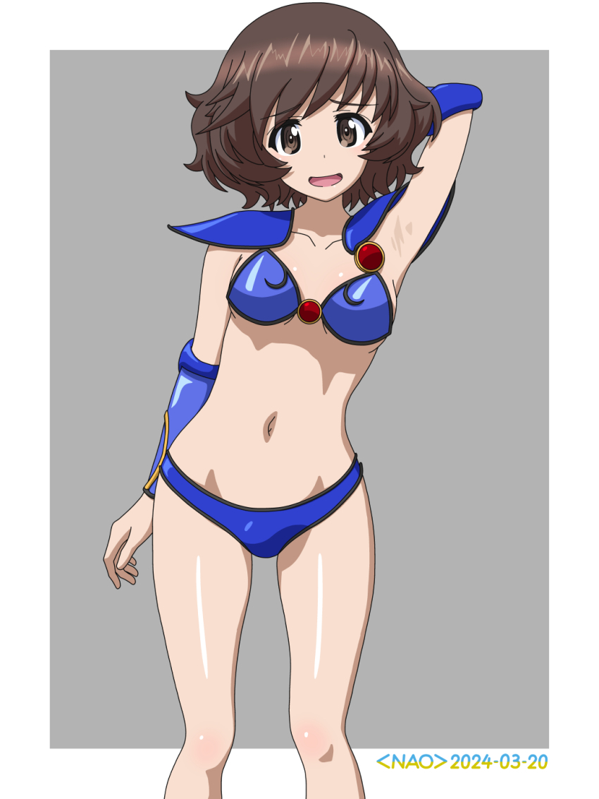 1girl akiyama_yukari armor armpits asagiri_youko bikini_armor breasts brown_eyes brown_hair dated genmu_senki_leda girls_und_panzer grey_background highres looking_at_viewer naotosi navel open_mouth presenting_armpit short_hair signature simple_background small_breasts smile solo