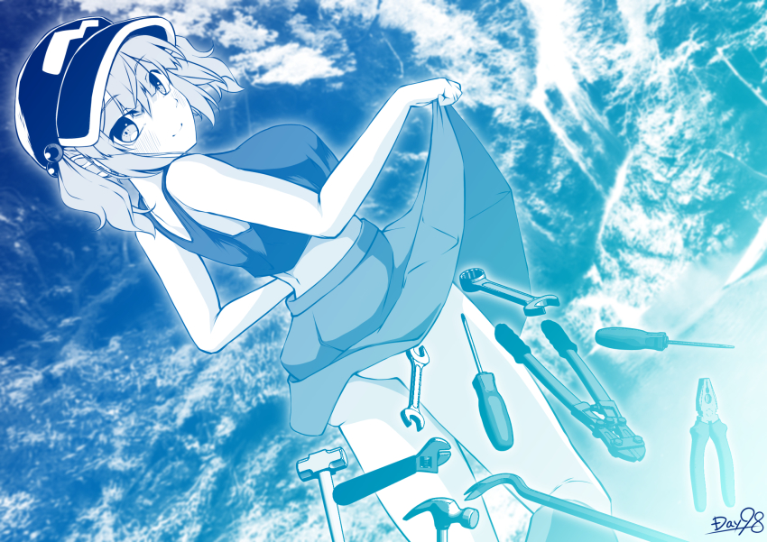 1girl adjustable_wrench back bakemonogatari blue_theme blush breasts closed_mouth clothes_lift commentary_request crop_top crowbar feet_out_of_frame flat_cap hair_bobbles hair_ornament hammer hat highres kagiyama_shachou kawashiro_nitori large_breasts lifting_own_clothes looking_at_viewer looking_back mallet medium_hair monochrome monogatari_(series) pliers screwdriver senjougahara_pose sidelocks skirt skirt_lift smile solo tank_top touhou tree two_side_up underbutt wrench