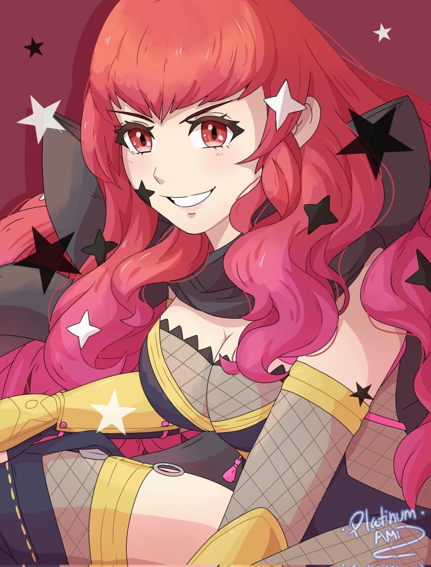 1girl black_scarf bodystocking breasts cleavage facial_mark fire_emblem fire_emblem_engage fire_emblem_heroes fishnet_bodystocking fishnets hair_ornament highres japanese_clothes long_hair ninja nintendo official_alternate_costume platinum_ami red_eyes red_hair scarf shuriken_hair_ornament smile solo star_(symbol) star_facial_mark yunaka_(fire_emblem) yunaka_(stealthy_imitator)_(fire_emblem)