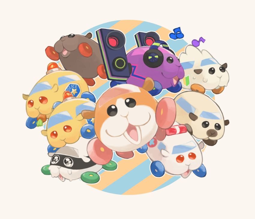 abbey_(pui_pui_molcar) ambulance ambulance_molcar black_eyes car carrot commentary_request cross crying crying_with_eyes_open dj_molcar domino_mask eating everyone greek_cross guinea_pig headphones highres kawaanago lying lying_on_another mask molcar motor_vehicle musical_note no_humans on_stomach open_mouth patrol_molcar police_car potato_(pui_pui_molcar) pui_pui_molcar shiromo_(pui_pui_molcar) shoshinsha_mark speaker sweat tears teddy_(pui_pui_molcar) vehicle_focus wheel