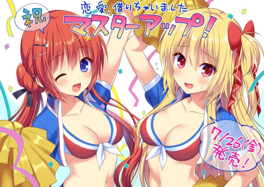 2girls :d ;3 ;d ahoge arm_up blonde_hair blue_eyes blue_shirt blush bow breasts cheering cheerleader cleavage collarbone confetti copyright_name flying_sweatdrops furrowed_brow fuyuichi_monme hair_bow hair_ornament hair_ribbon hairclip highres holding holding_pom_poms long_hair looking_at_viewer low_twintails medium_breasts multiple_girls official_art one_eye_closed one_side_up open_clothes open_mouth open_shirt parallel_hairclips pom_pom_(cheerleading) pom_poms promotional_art red_bow red_eyes red_hair red_ribbon ren&#039;ai_karichaimashita ribbon segawa_emi shirt sidelocks simple_background smile speech_bubble sports_bra star_(symbol) star_hair_ornament sweatdrop tenma_hasumi third-party_source translation_request twintails upper_body very_long_hair white_background