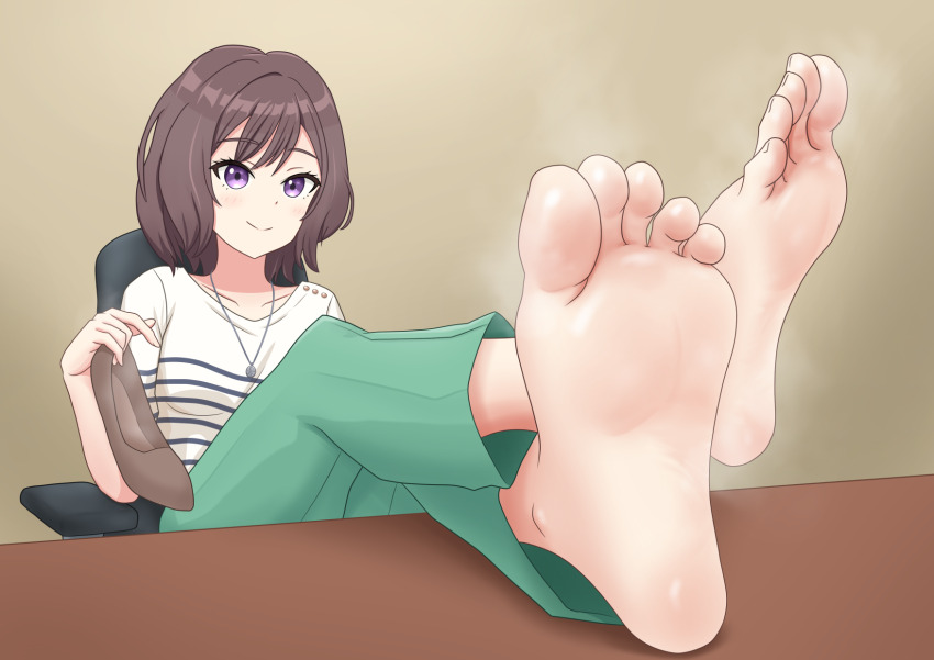 1girl barefoot brown_hair feet feet_on_table flickmann_ss gakuen_idolmaster highres idolmaster light_blush looking_at_viewer medium_hair neo_asari purple_eyes shoes single_shoe smile soles steam toes unworn_shoes