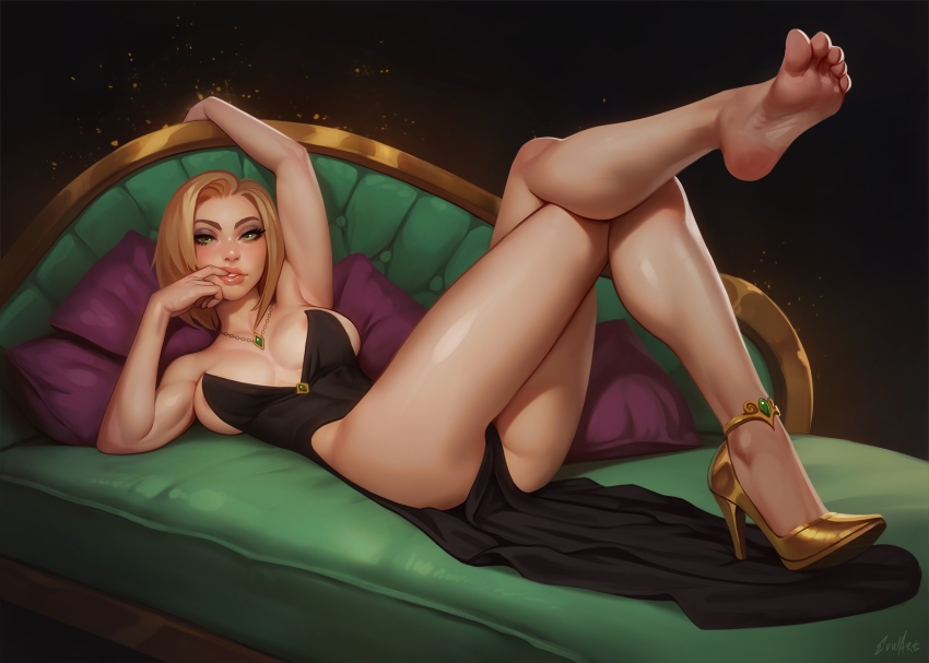 1girl arm_up armpits artist_name ass barefoot black_dress blonde_hair blush breasts brown_background commission dress evulchibi finger_in_own_mouth highres jewelry knee_up large_breasts looking_at_viewer lying necklace on_back original pillow shiny_skin short_hair