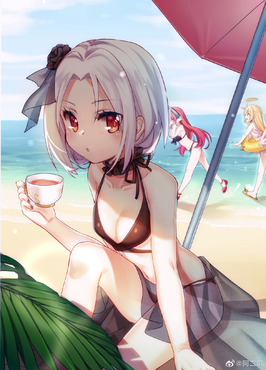 3girls :o aer_(tengqiu) arm_support aviere_(warship_girls_r) bare_arms bare_shoulders beach beach_umbrella bikini black_bikini black_flower black_ribbon black_rose blonde_hair blue_sky blush breasts camicia_nera_(warship_girls_r) choker cleavage cloud collarbone cup day fingernails flower hair_flower hair_ornament hair_slicked_back halo halterneck highres holding holding_cup holding_umbrella horizon innertube long_hair looking_at_viewer medium_breasts multiple_girls navel ocean open_mouth outdoors palm_tree parted_bangs parted_lips profile red_eyes red_footwear red_hair ribbon rose sand sandals sarong see-through_clothes short_hair sitting sky small_breasts smile standing standing_on_one_leg swim_ring swimsuit table tea teacup transparent tree umbrella very_long_hair vittorio_veneto_(warship_girls_r) warship_girls_r water watermark weibo_watermark weibo_watermark white_hair