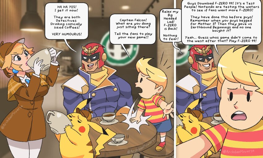 1girl 1other 2boys archdan blonde_hair blue_eyes breasts captain_falcon chair coffee detective_peach detective_pikachu_(character) detective_pikachu_(series) drinking earrings f-zero f-zero_99 frown gen_1_pokemon grin hat helmets highres jewelry long_hair looking_at_another lucas_(mother_3) mario_(series) mother_(series) mother_3 multiple_boys nintendo open_mouth pikachu pokemon princess_peach princess_peach:_showtime! scarf shorts sitting smile speech_bubble standing sunglasses table tail talking