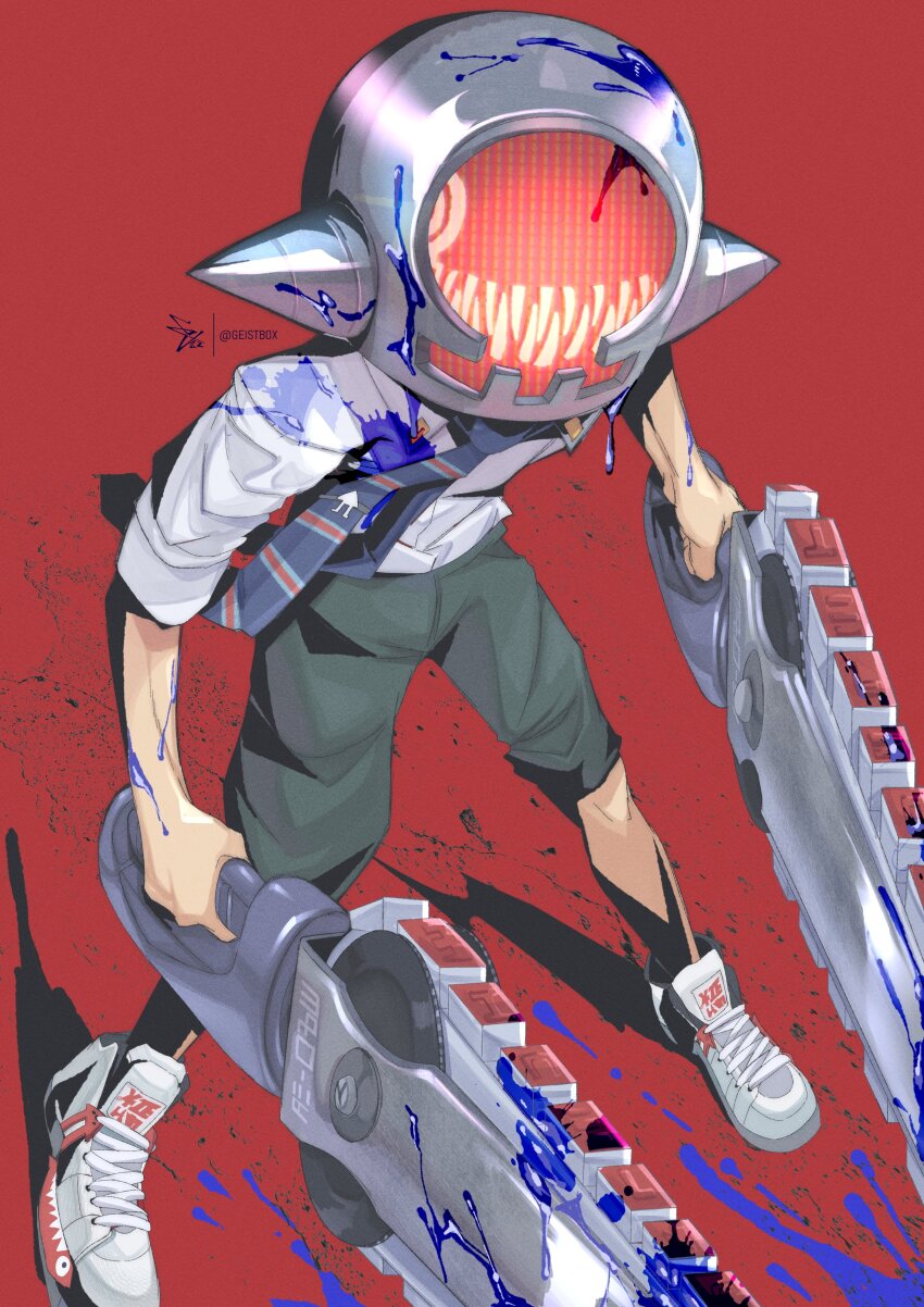 1boy absurdres bow bowtie chainsaw_man commentary cosplay crossover denji_(chainsaw_man) denji_(chainsaw_man)_(cosplay) dirty dirty_clothes dual_wielding english_commentary full_body geistbox green_shorts highres holding holding_weapon ink inkling inkling_boy inkling_player_character male_focus messy nintendo red_background shirt shoes shorts signature simple_background sleeves_rolled_up splatana_stamper_(splatoon) splatoon_(series) splatoon_3 splatter standing striped_bow striped_bowtie striped_clothes twitter_username weapon white_footwear white_shirt