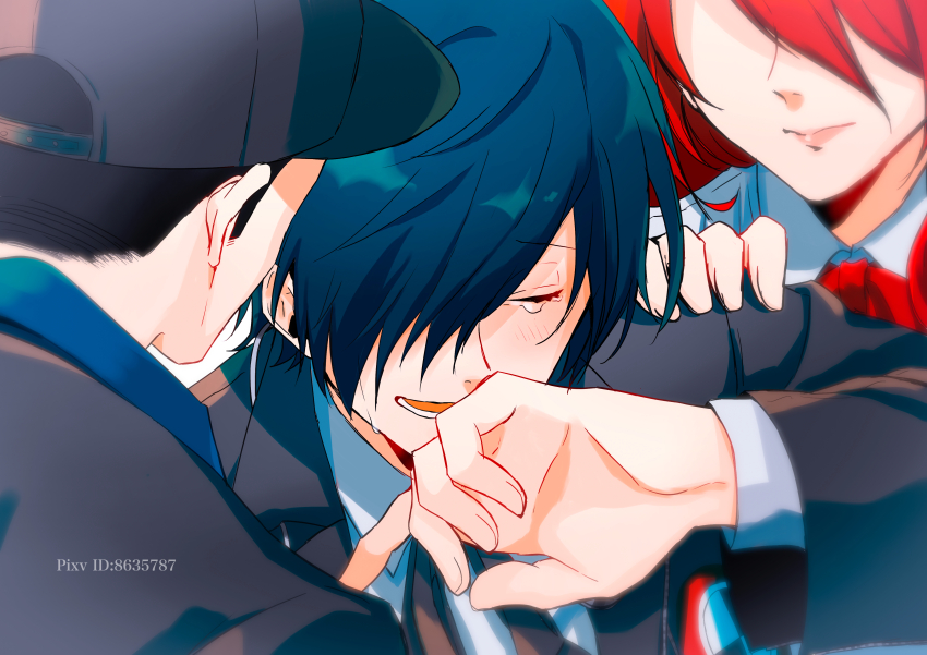 1girl 2boys absurdres black_hair blue_hair crying eme_(204) gekkoukan_high_school_uniform hair_over_one_eye hat highres iori_junpei kirijou_mitsuru multiple_boys persona persona_3 red_hair red_ribbon ribbon school_uniform yuuki_makoto_(persona_3)