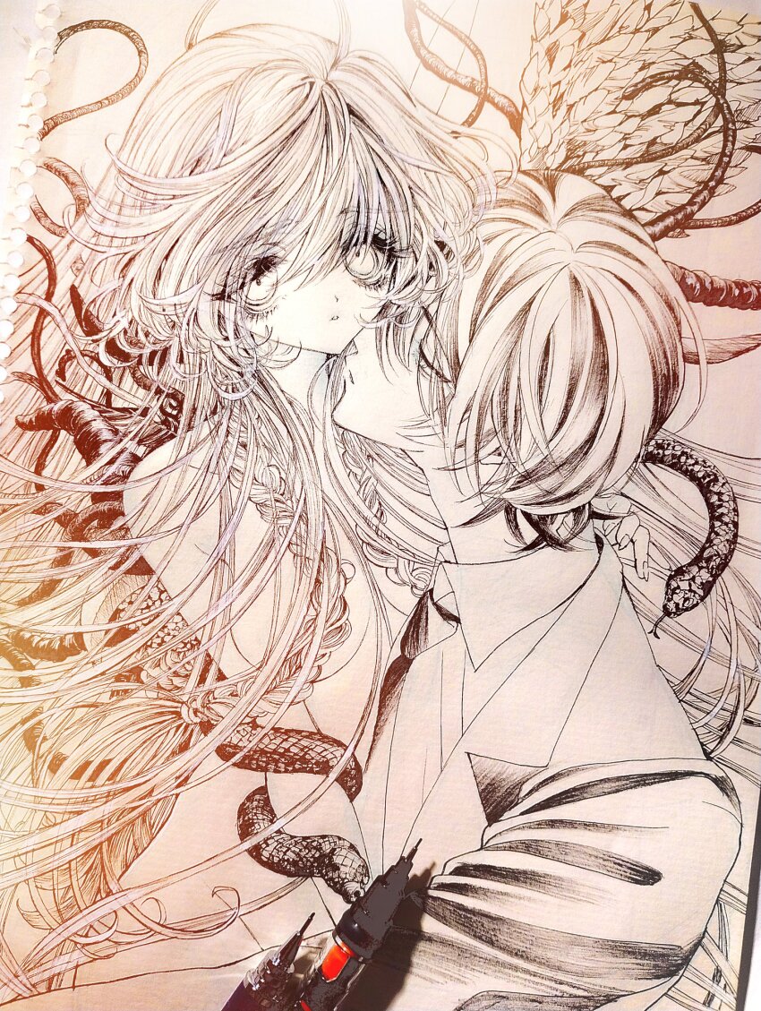 1boy 1girl art_tools_in_frame asymmetrical_wings aya_carmine braid breasts clothed_male_nude_female collared_shirt commentary_request completely_nude eyelashes fingernails greyscale hair_between_eyes half-closed_eyes hetero highres hitomi_hirosuke_(sayonara_wo_oshiete) hug jacket lapels long_hair long_sleeves looking_at_another looking_at_viewer medium_breasts monochrome necktie nipple_slip nipples notched_lapels nude parted_lips photo_(medium) sayonara_wo_oshiete shirt short_hair snake snake_wrapped_around_arm sugamo_mutsuki traditional_media twin_braids very_long_hair wings