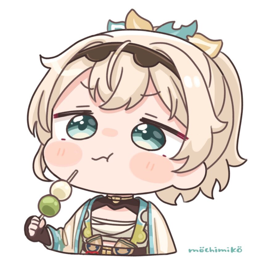 1girl :t black_hairband blonde_hair blue_eyes blush_stickers chibi closed_mouth collarbone commentary_request cropped_torso dango eating food hairband holding holding_food hololive kazama_iroha kazama_iroha_(1st_costume) mochimiko ponytail sanshoku_dango sarashi signature simple_background solo upper_body virtual_youtuber wagashi wavy_mouth white_background