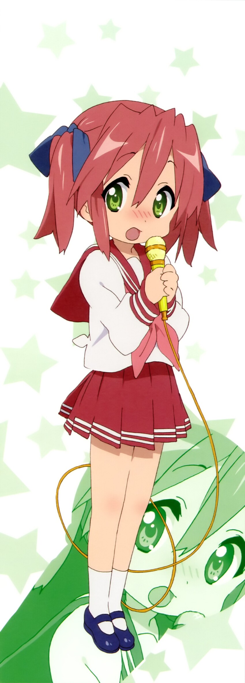 1girl absurdres anime_coloring artist_request black_shoes blush bow cable dot_nose double-parted_bangs full_body green_background green_eyes grey_bow hair_between_eyes hair_bow hands_up highres holding holding_microphone kobayakawa_yutaka legs_together long_sleeves looking_at_viewer lucky_star mary_janes medium_hair microphone neckerchief nose_blush official_art open_mouth own_hands_together pleated_skirt raised_eyebrows red_hair red_neckerchief red_sailor_collar red_skirt red_trim ryouou_school_uniform sailor_collar scan school_uniform serafuku shoes short_twintails skirt socks standing star_(symbol) star_symbol_background third-party_source twintails two-handed white_background white_serafuku white_socks zoom_layer