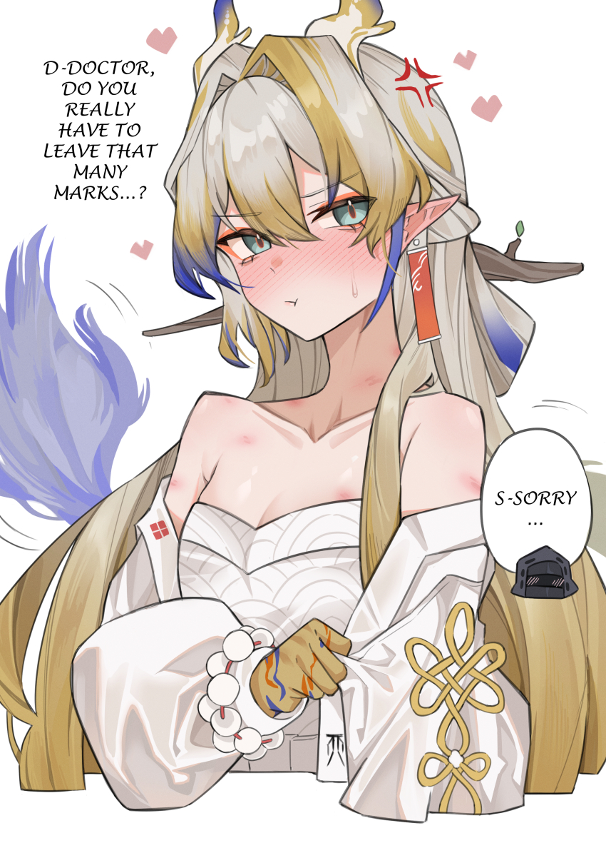 1girl absurdres ahti anger_vein annoyed arknights bare_shoulders beads blonde_hair blue_hair blush breasts chibi cleavage closed_mouth colored_extremities commentary cropped_torso doctor_(arknights) dragon_girl dragon_horns earrings embarrassed english_commentary english_text eyeliner green_eyes grey_hair hair_between_eyes hair_intakes heart hickey highres horns jacket jewelry long_hair long_sleeves looking_at_viewer makeup medium_breasts motion_lines multicolored_hair nose_blush off_shoulder orange_eyeliner pointy_ears pout seigaiha shu_(arknights) simple_background solo strapless tube_top white_background white_jacket white_tube_top