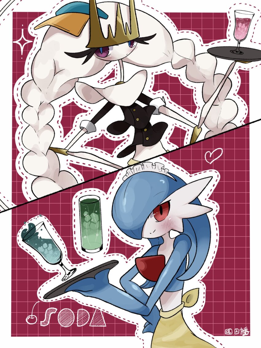 alternate_color blue_hair blue_skin blush braided_twintails clothed_pokemon colored_skin drink gardevoir gen_3_pokemon gen_7_pokemon hair_over_one_eye heart highres holding holding_tray inb795 looking_at_viewer maid_headdress multicolored_skin nintendo pheromosa pokemon pokemon_(creature) purple_eyes red_eyes shiny_pokemon signature smile tray two-tone_skin ultra_beast white_skin