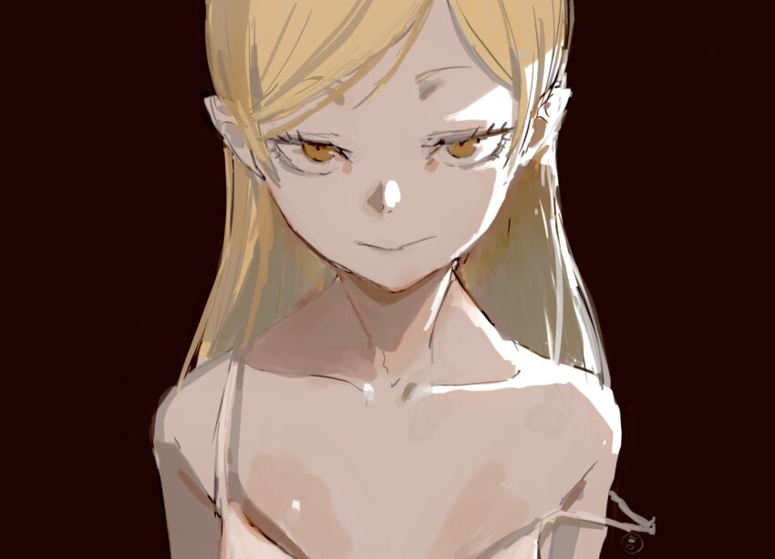 1girl bakemonogatari blonde_hair breasts cleavage collarbone highres kizumonogatari long_hair monogatari_(series) neck nisemonogatari oshino_shinobu pale_skin pointy_ears solo strap strap_slip taki_(a313131333) vampire yellow_eyes