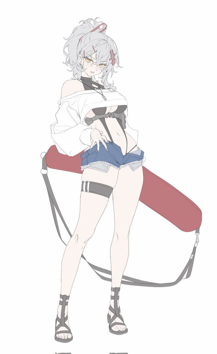 1girl black_one-piece_swimsuit breasts full_body goddess_of_victory:_nikke grey_hair highres nail_polish navel nine_(kanine41) one-piece_swimsuit sharp_teeth simple_background solo swimsuit teeth white_background yellow_eyes yulha_(nikke)