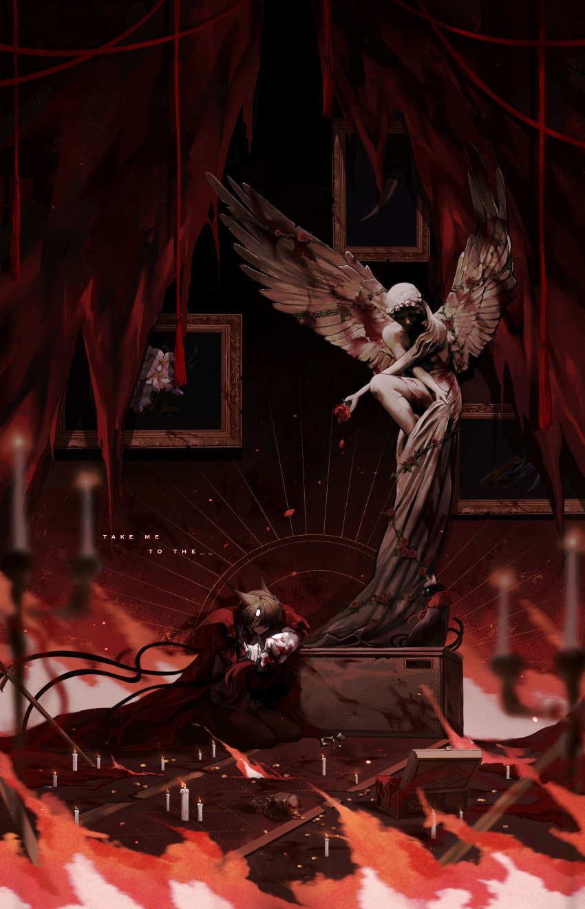 1boy absurdres angel_statue animal_ears arknights black_gloves black_hat black_pants blood blood_on_clothes brown_hair candelabra candle candlestand cape cat_boy cat_ears chinese_commentary closed_eyes closed_mouth commentary_request curtains english_text fire flower gloves hat highres holding holding_unworn_clothes holding_unworn_hat kneeling luna_(carrrlio) male_focus painting_(object) pants petals phantom_(arknights) phantom_(focus)_(arknights) picture_frame red_cape red_flower red_rose rose rose_petals shirt short_hair solo statue unworn_hat unworn_headwear white_shirt