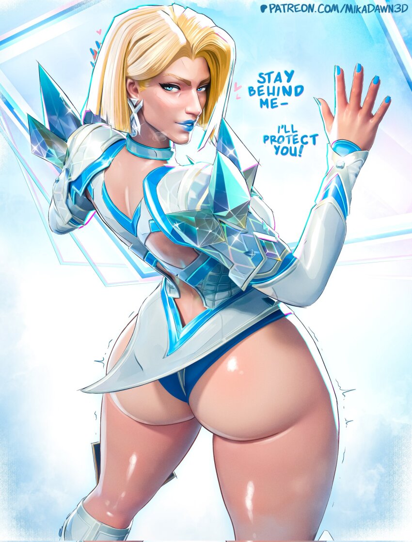 1girl artist_name ass blonde_hair blue_eyes blue_lips choker earrings emma_frost english_text highres jewelry looking_at_viewer looking_back marvel marvel_rivals mika_dawn patreon_username short_hair solo watermark web_address