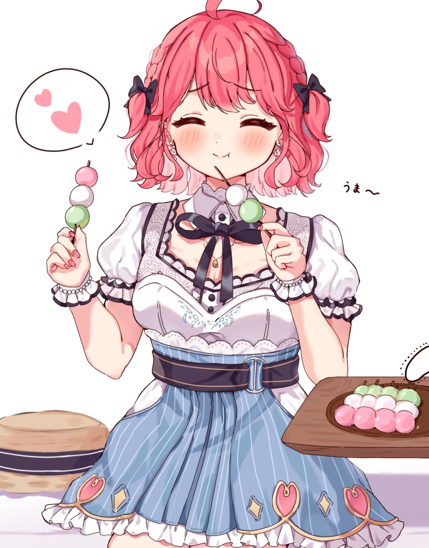 1girl 35p_(sakura_miko) ^_^ ahoge blush breasts closed_eyes dango food heart highres holding holding_food holding_stick hololive medium_breasts medium_hair official_alternate_costume pink_hair pink_nails sakura_(sakura_suisaku) sakura_miko sakura_miko_(street) simple_background smile solo spoken_heart stick virtual_youtuber wagashi white_background