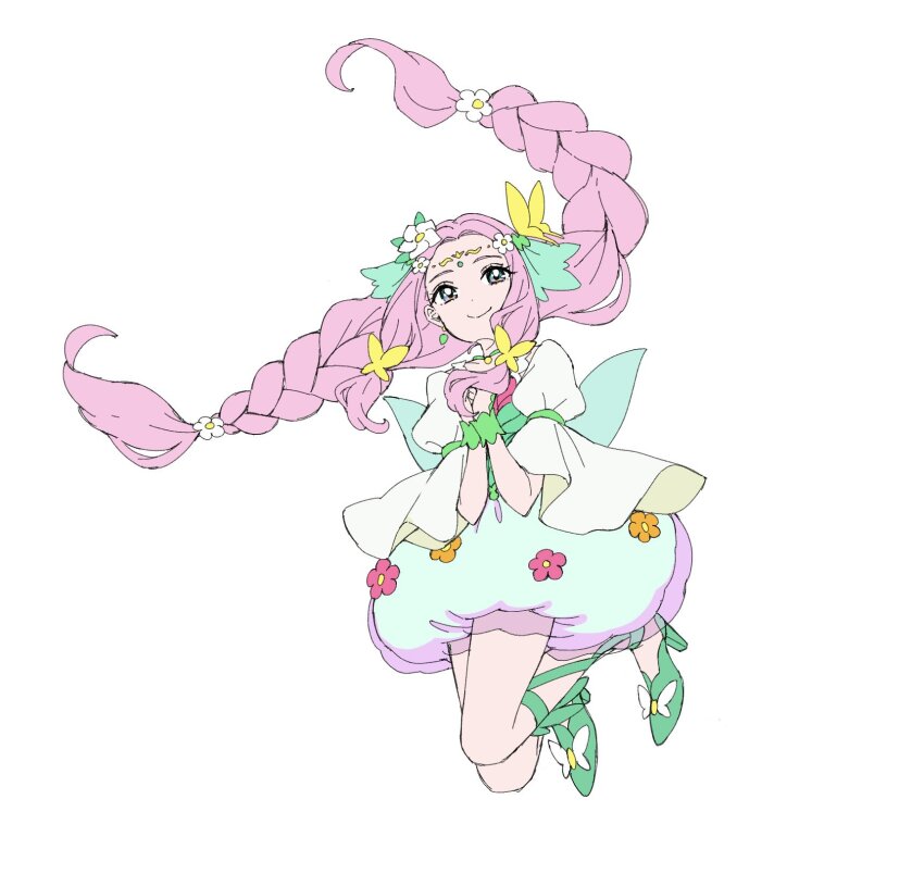 1girl aqua_eyes braid bubble_skirt butterfly_hair_ornament choker cure_felice dress earrings floating_hair flower full_body green_shoes hair_flower hair_ornament hanami_kotoha high_heels highres jewelry juliet_sleeves long_hair long_sleeves looking_at_viewer magical_girl mahou_girls_precure! own_hands_together pink_hair precure puffy_sleeves shirako_love shoes simple_background sketch skirt smile solo twin_braids very_long_hair white_background white_sleeves wide_sleeves wrist_cuffs