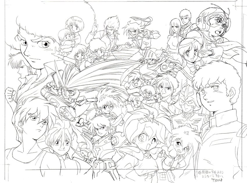 amuro_ray breasts char_aznable character_request chirico_cuvie closed_mouth company_connection cosmo_yuki densetsu_kyojin_ideon dirty_pair dokite_tsukasa fiana g_gundam gundam gundam_wing haou_taikei_ryuu_knight highres kanzaki_hitomi lineart long_hair looking_at_viewer mobile_suit_gundam monochrome multiple_boys multiple_girls official_art open_mouth retro_artstyle short_hair smile soukou_kihei_votoms sunrise_(company) tenkuu_no_escaflowne white_background