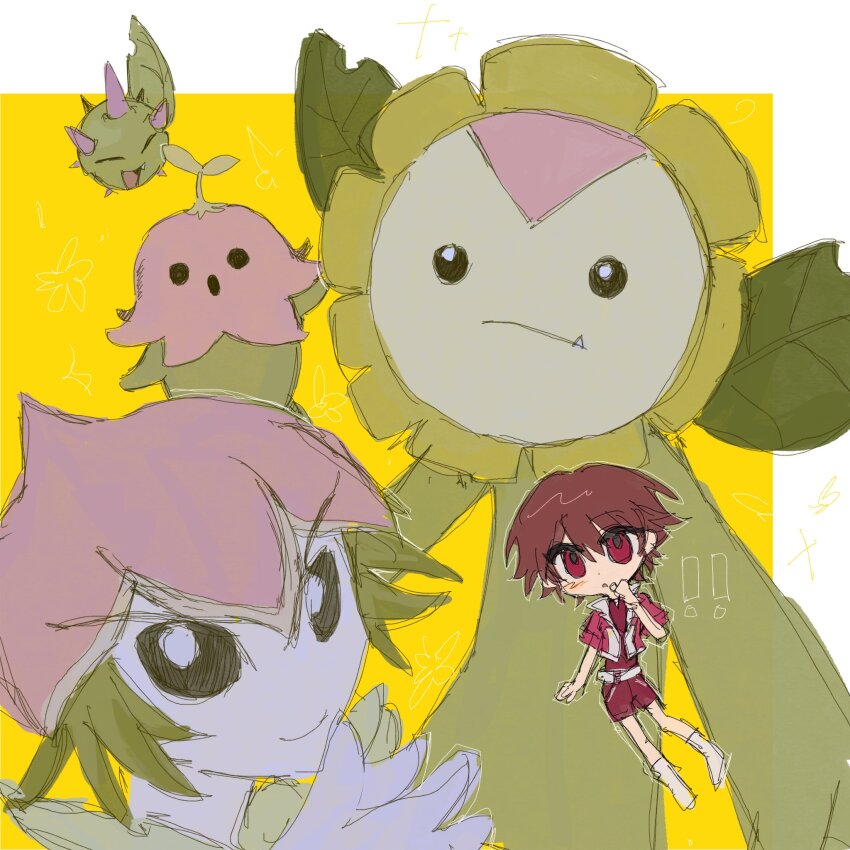 budmon digimon digimon_(creature) digimon_savers fairy flower fujieda_yoshino highres lalamon leaf lilamon monster_girl open_mouth petals pink_eyes pink_hair plant plant_girl short_hair sunflower sunflowmon tail