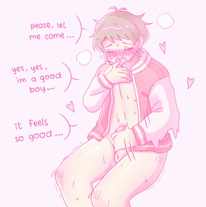 1boy =_= absurdres blush brown_hair closed_eyes clyde_donovan english_text finger_in_own_mouth full-face_blush heart highres jacket male_focus male_masturbation masturbation motion_lines open_clothes open_jacket open_mouth penis pink_background red_jacket rinrin_(wuvpyon) short_hair simple_background solo south_park speech_bubble steam sweat wavy_mouth white_sleeves