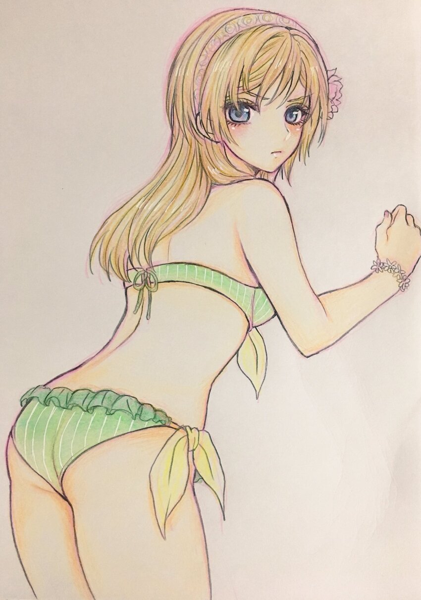 1girl ass blonde_hair blue_eyes closed_mouth end_of_eternity flower hair_flower hair_ornament higemaccho highres long_hair looking_at_viewer reanbell simple_background solo star_ocean star_ocean_anamnesis swimsuit white_background