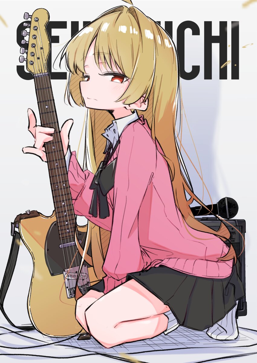 absurdres ahoge amplifier aomoringo black_ribbon blonde_hair bocchi_the_rock! closed_mouth collared_shirt electric_guitar guitar highres holding holding_guitar holding_instrument ijichi_seika instrument kneeling long_hair looking_at_viewer loose_neck_ribbon microphone miniskirt neck_ribbon pink_sweater red_eyes ribbon shadow shirt skirt socks striped_clothes striped_socks sweater white_background white_shirt