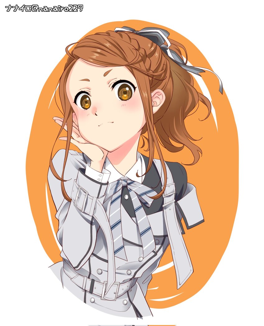 1girl 22/7 arm_behind_back artist_name border braid brown_eyes brown_hair dress grey_dress hair_ribbon hand_on_own_cheek hand_on_own_face high_ponytail highres kamisama_datte_kimerarenai kono_miyako long_sleeves nanairo_(nanairo227) orange_background ponytail ribbon shirt solo upper_body white_border white_shirt