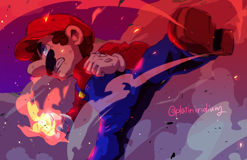 1boy blue_eyes blue_overalls boots brown_boots brown_hair clenched_teeth facial_hair fighting fireball gloves glowing_hands hat highres incoming_kick male_focus mario mario_(series) mustache nintendo overalls platiniridium red_hat red_shirt roundhouse_kick shirt simple_background smoke solo teeth