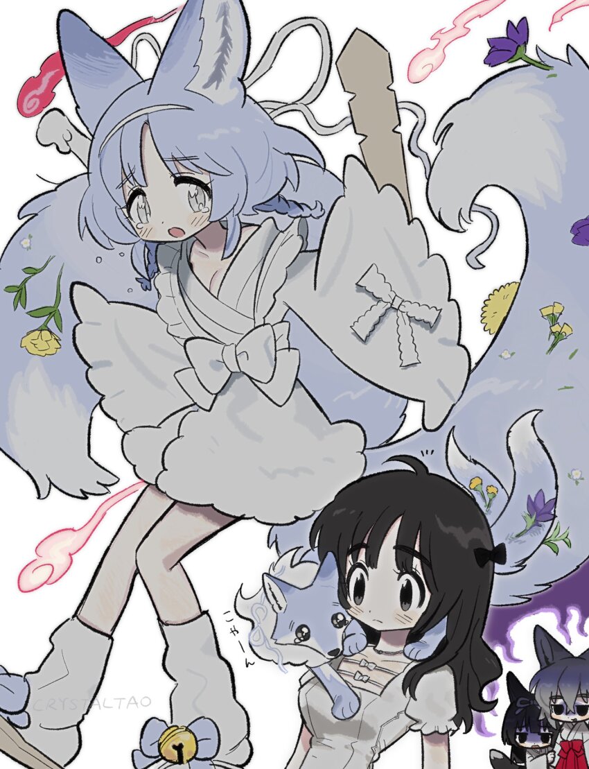3girls animal_ears black_eyes black_hair blue_hair commentary_request fox fox_ears fox_girl fox_tail grey_eyes grey_kimono highres japanese_clothes kimono kitsune leg_warmers looking_at_viewer multiple_girls multiple_tails multiple_views muted_color original short_hair simple_background slit_pupils tail taonoinu white_background
