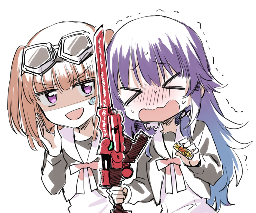&gt;_&lt; 2girls :d blue_hair blush brown_hair closed_eyes dress goggles goggles_on_head gradient_hair grey_jacket highres holding holding_sword holding_weapon hoshikuzu_telepath jacket konohoshi_umika long_hair looking_at_viewer multicolored_hair multiple_girls nose_blush open_mouth purple_eyes purple_hair raimon_matataki school_uniform shaded_face simple_background smile somechime_(sometime1209) sweat sword trembling two_side_up v-shaped_eyebrows very_long_hair wavy_mouth weapon white_background white_dress