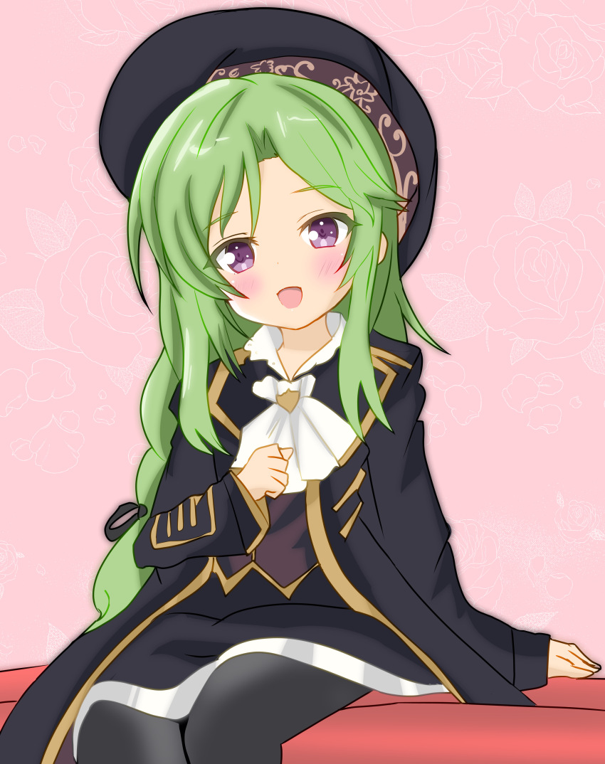 1girl :d absurdres age_regression aged_down arm_at_side ascot assault_lily beret black_coat black_hat black_pantyhose black_ribbon black_skirt blush child coat commentary_request ebisu_nobu feet_out_of_frame floral_background green_hair hair_ribbon hand_up hat highres long_hair long_sleeves looking_at_viewer low-braided_long_hair low-tied_long_hair murakami_tokiwa open_clothes open_coat open_mouth pantyhose parted_bangs pink_background purple_eyes ribbon sidelocks sitting skirt smile solo very_long_hair white_ascot