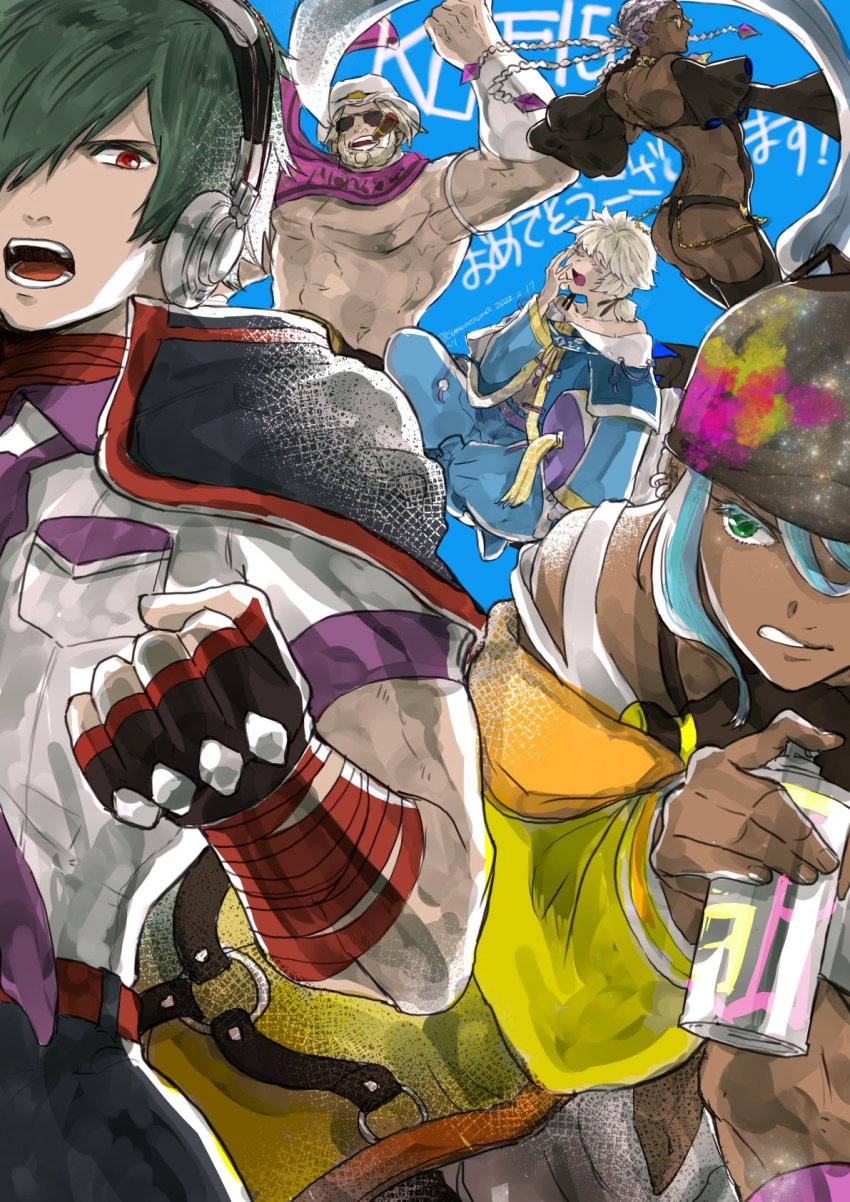 2girls 3boys antonov_(kof) dolores_(kof) green_eyes hat highres isla_(kof) meitenkun multiple_boys multiple_girls shun&#039;ei snk the_king_of_fighters the_king_of_fighters_xv