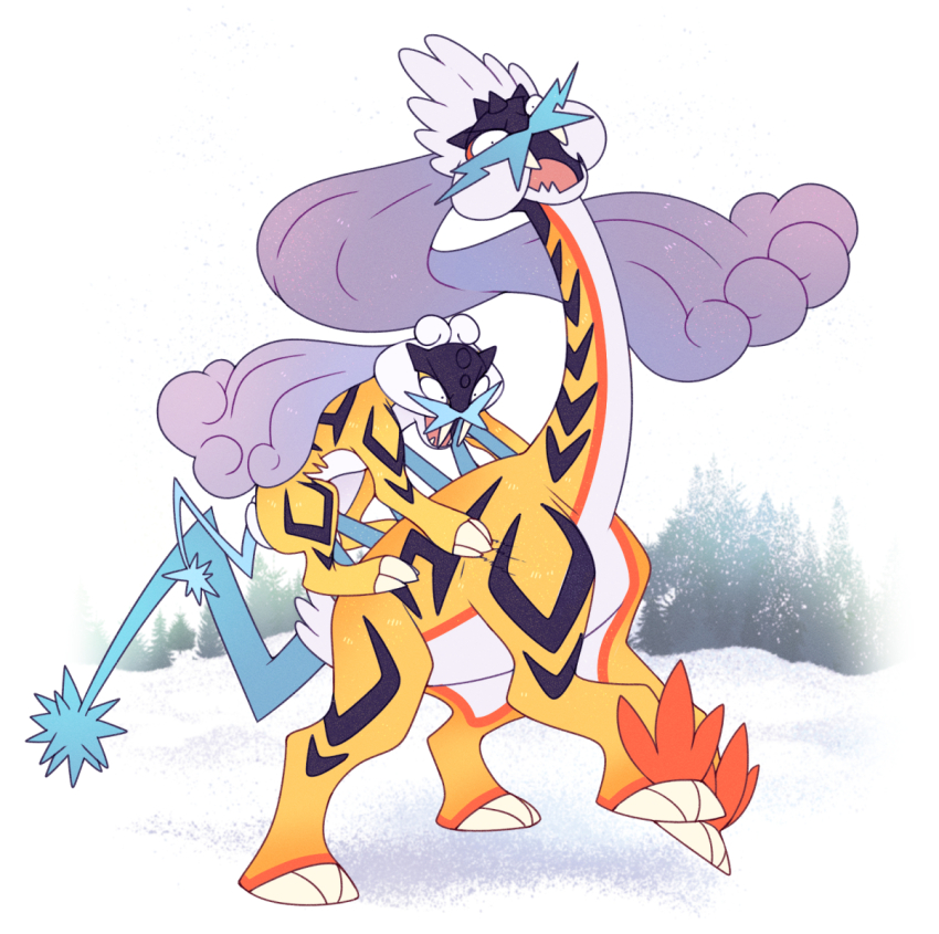 animal_focus claw_mark dinosaur fangs gen_2_pokemon legendary_pokemon man_after_man meme nintendo no_humans open_mouth outdoors pokemon pokemon_(creature) raging_bolt raikou scratching snow vergolophus