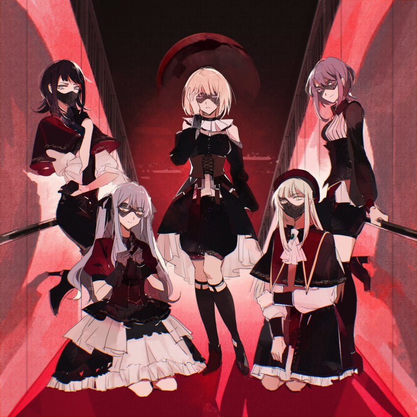5girls absurdres ascot ave_mujica_(bang_dream!) bang_dream! bang_dream!_it&#039;s_mygo!!!!! beret black_corset black_dress black_gloves black_hair black_mask black_pants black_ribbon black_skirt black_socks blonde_hair blue_hair brown_corset capelet caren_hortensia caren_hortensia_(amor_caren) chromatic_aberration closed_mouth clothing_cutout commentary corset doloris_(bang_dream!) dress garter_straps gloves green_brooch green_hair hair_ribbon hand_up hashtag-only_commentary hat high_heels highres holding_own_arm kneehighs kneeling layered_skirt long_hair long_sleeves looking_at_viewer mask masquerade_mask misumi_uika mortis_(bang_dream!) mortis_(costume)_(bang_dream!) mouth_mask multiple_girls oblivionis_(bang_dream!) pants photo-referenced puffy_short_sleeves puffy_sleeves purple_eyes purple_hair red_capelet red_hat red_shirt reiboubyou ribbon shirt short_hair short_sleeves shoulder_cutout sidelocks skirt socks timoris_(bang_dream!) togawa_sakiko wakaba_mutsumi white_ascot white_shirt white_skirt yahata_umiri yellow_eyes