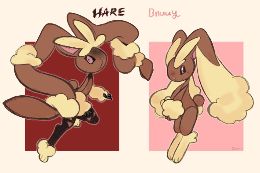 2girls angry animal_nose black_sclera blush bnuuy_(meme) brown_fur colored_sclera curvy doekis fluff gen_4_pokemon highres leer looking_at_viewer lopunny mega_lopunny mega_pokemon meme multiple_girls nintendo pink_eyes pokemon pokemon_(creature) rabbit_ears rabbit_tail simple_background stare_down two-tone_fur very_long_ears white_background yellow_fur