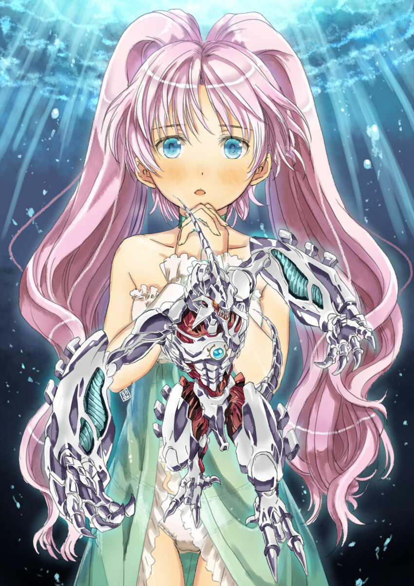 1girl absurdres akamatsu_sakura bare_shoulders betterman betterman_nebula blue_eyes blush bubble collarbone garimpeiro green_skirt high-waist_skirt highres kaiju leotard long_hair looking_at_viewer open_hands own_hands_clasped own_hands_together red_eyes skirt sunlight tail twintails underwater very_long_hair water white_leotard