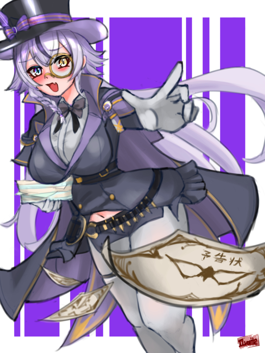 1girl absurdres belt black_belt black_bow black_bowtie black_cape black_hair black_hat black_jacket blue_eyes blush bow bowtie braid breasts calling_card cape commentary_request eye_mask fang gloves goddess_of_victory:_nikke grey_hair hair_between_eyes hat heterochromia highres holding holding_paper ilvaite jacket large_breasts long_hair long_sleeves looking_at_viewer monocle multicolored_hair navel open_mouth pantyhose paper paper_stack phantom_(nikke) purple_background shirt sidelocks signature skin_fang solo standing streaked_hair thigh_strap top_hat translation_request underbust very_long_hair white_gloves white_pantyhose white_shirt yellow_eyes