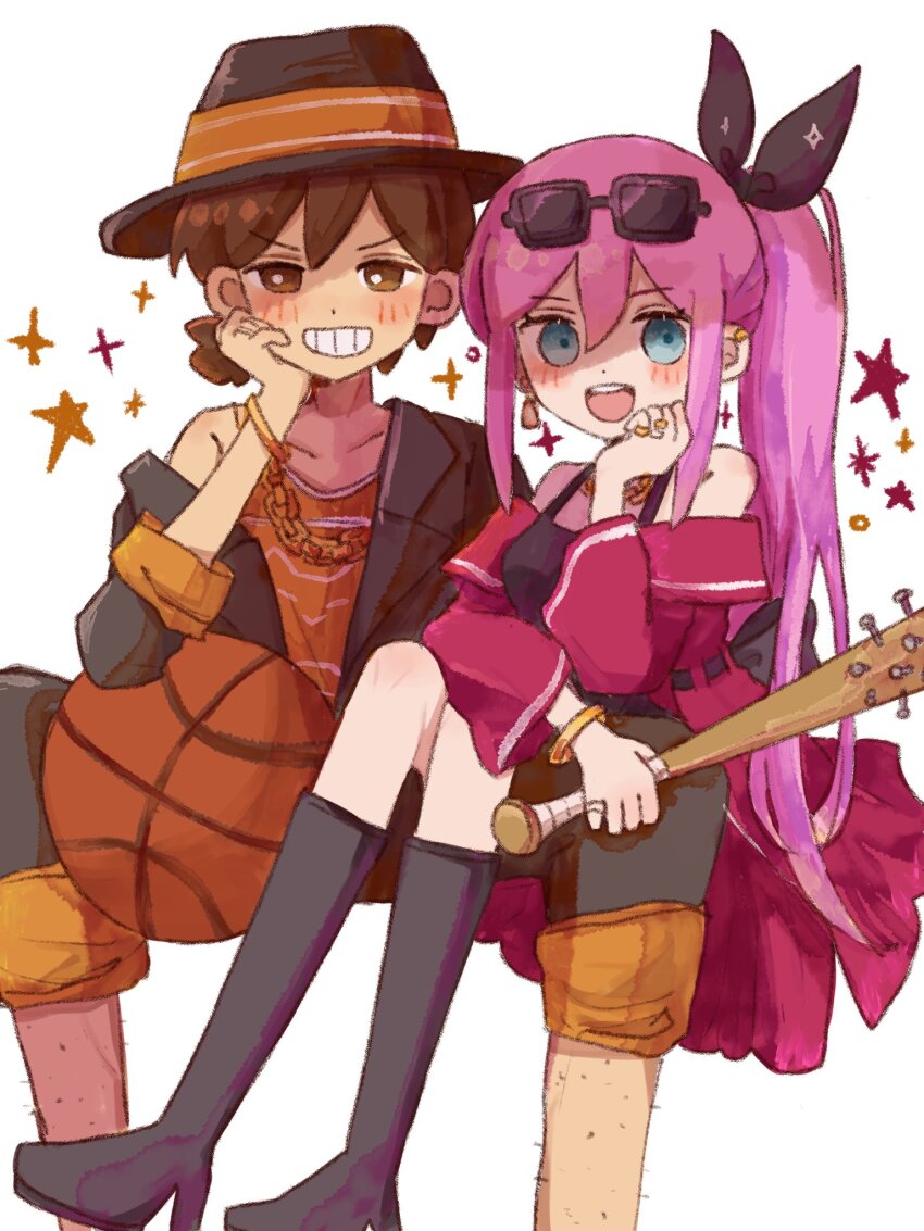 1boy 1girl alternate_costume alternate_hairstyle aubrey_(faraway)_(omori) aubrey_(omori) baseball_bat black-framed_eyewear black_footwear blue_eyes boots bracelet brown_eyes brown_hair collarbone dark-skinned_male dark_skin earrings eyewear_on_head grin high_heel_boots high_heels highres holding holding_baseball_bat jewelry kel_(faraway)_(omori) kel_(omori) knee_boots looking_at_viewer mugi062 nail nail_(hardware) nail_bat necklace omori parted_lips pink_hair ponytail rectangular_eyewear sitting smile sunglasses teeth upper_teeth_only