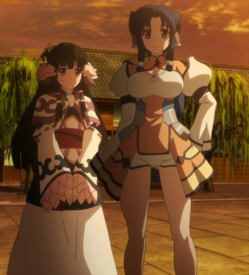 2girls absurdres atuy black_hair breasts highres long_hair looking_at_viewer multiple_girls rulutieh short_shorts shorts tagme thighs