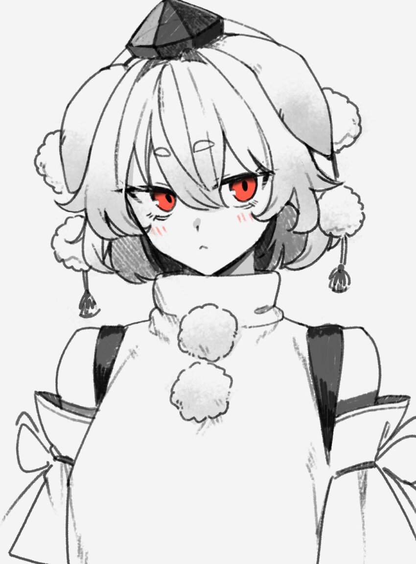 1641_(chfhrtor94) 1girl :&lt; animal_ears bare_shoulders blush detached_sleeves grey_background hair_between_eyes hat highres inubashiri_momiji looking_at_viewer medium_hair partially_colored pom_pom_(clothes) red_eyes shirt solo thick_eyebrows tokin_hat touhou upper_body white_hair white_shirt wolf_ears wolf_girl
