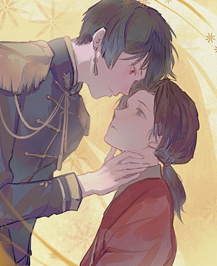 2boys absurdres aiguillette axis_powers_hetalia black_hair black_jacket brown_eyes brown_hair china_(hetalia) chinese_commentary commentary_request curtained_hair ear_piercing earrings epaulettes eye_contact hand_on_another&#039;s_neck head_back highres jacket japan_(hetalia) jewelry long_sleeves looking_at_another male_focus multiple_boys parted_lips piercing ponytail red_eyes red_robe robe shiragon short_hair yaoi