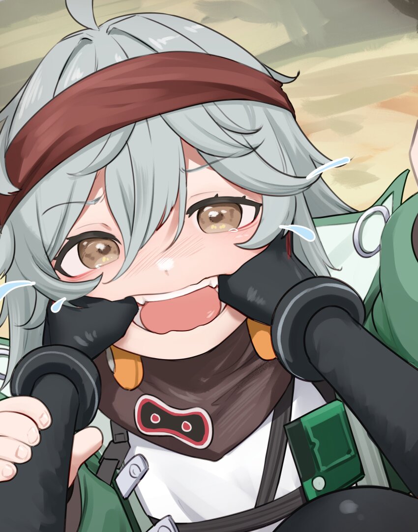 2girls absurdres ahoge bandana blush brown_eyes commentary daebom english_commentary g11_(girls&#039;_frontline) girls&#039;_frontline girls&#039;_frontline_2:_exilium green_jacket grey_hair hair_between_eyes highres hk416_(girls&#039;_frontline) jacket klukai_(girls&#039;_frontline_2) looking_at_viewer mechty_(girls&#039;_frontline_2) multiple_girls open_mouth pov pov_hands red_bandana short_hair tearing_up teeth