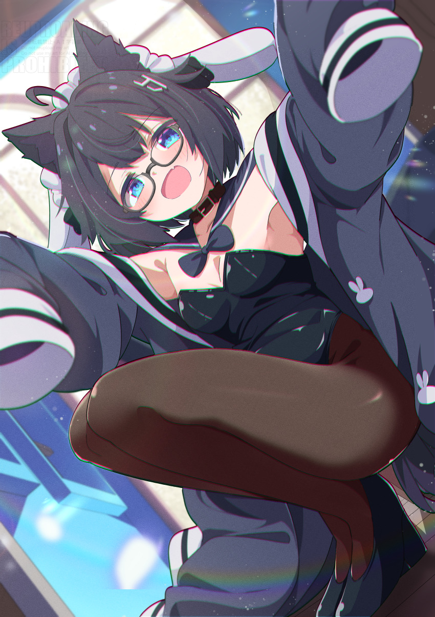 1girl :d absurdres ahoge animal_ears belt_collar black-framed_eyewear black_bow black_collar black_hair black_jacket black_leotard black_pantyhose black_shoes blue_eyes blush bow bowtie breasts brown_pantyhose cat_ears chromatic_aberration cleavage collar commentary_request commission detached_collar dutch_angle fang glasses hair_ornament high_heels highres indoors jacket leotard long_sleeves looking_at_viewer open_clothes open_jacket open_mouth original pantyhose playboy_bunny rabbit_ears sailor_collar semi-rimless_eyewear shiro9jira shoes short_hair skeb_commission sleeves_past_fingers sleeves_past_wrists smile solo squatting strapless strapless_leotard thighs under-rim_eyewear