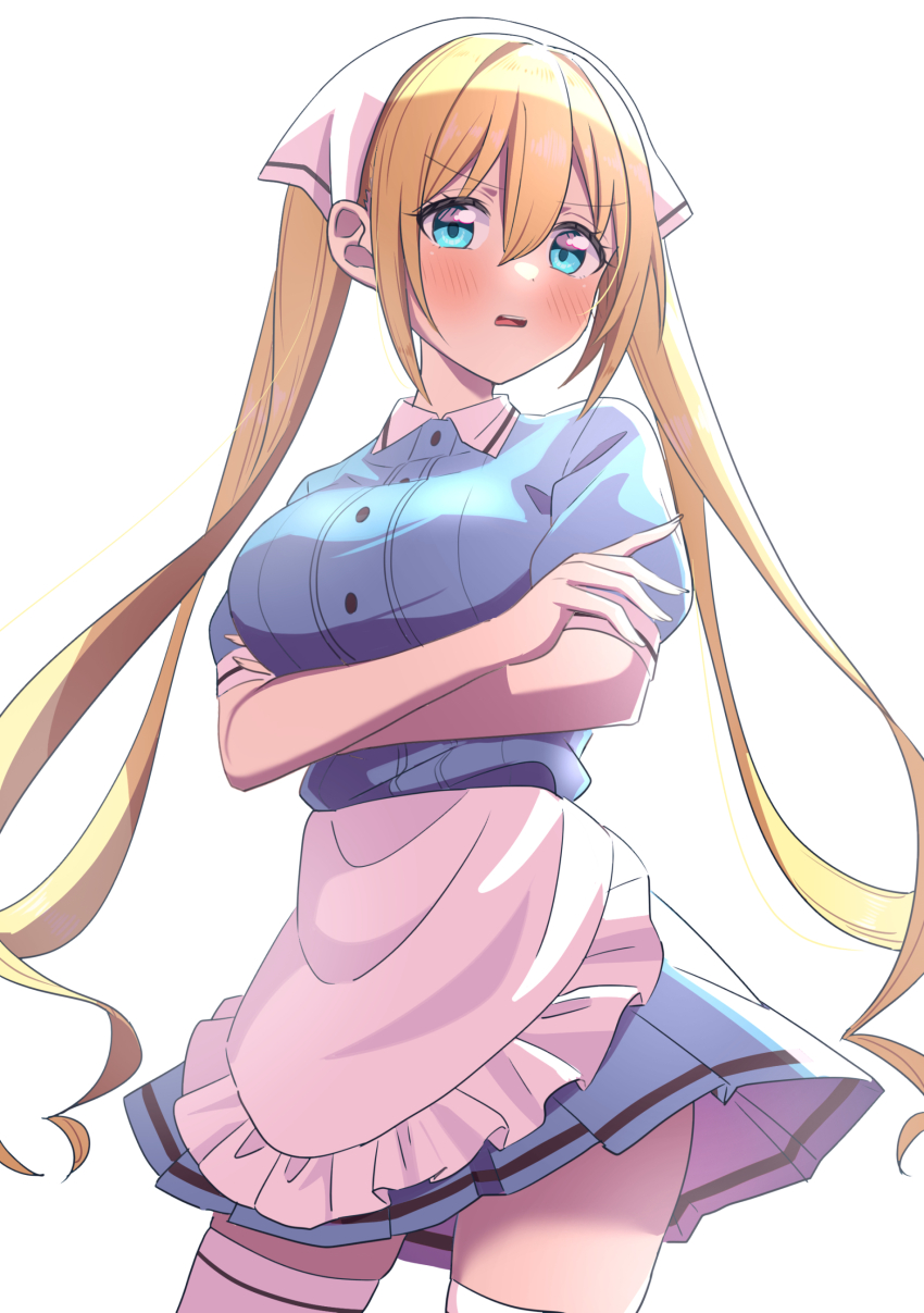1girl absurdres angry apron backlighting blend_s blonde_hair blue_eyes blue_shirt blue_skirt breasts collared_shirt commentary_request crossed_arms frilled_apron frills hair_between_eyes headscarf highres hinata_kaho large_breasts long_hair looking_at_viewer maid mitsuba_tsuyu open_mouth pleated_skirt puffy_short_sleeves puffy_sleeves shirt short_sleeves simple_background skirt solo stile_uniform thighhighs thighs twintails v-shaped_eyebrows very_long_hair waist_apron waitress white_apron white_background white_headscarf white_thighhighs zettai_ryouiki