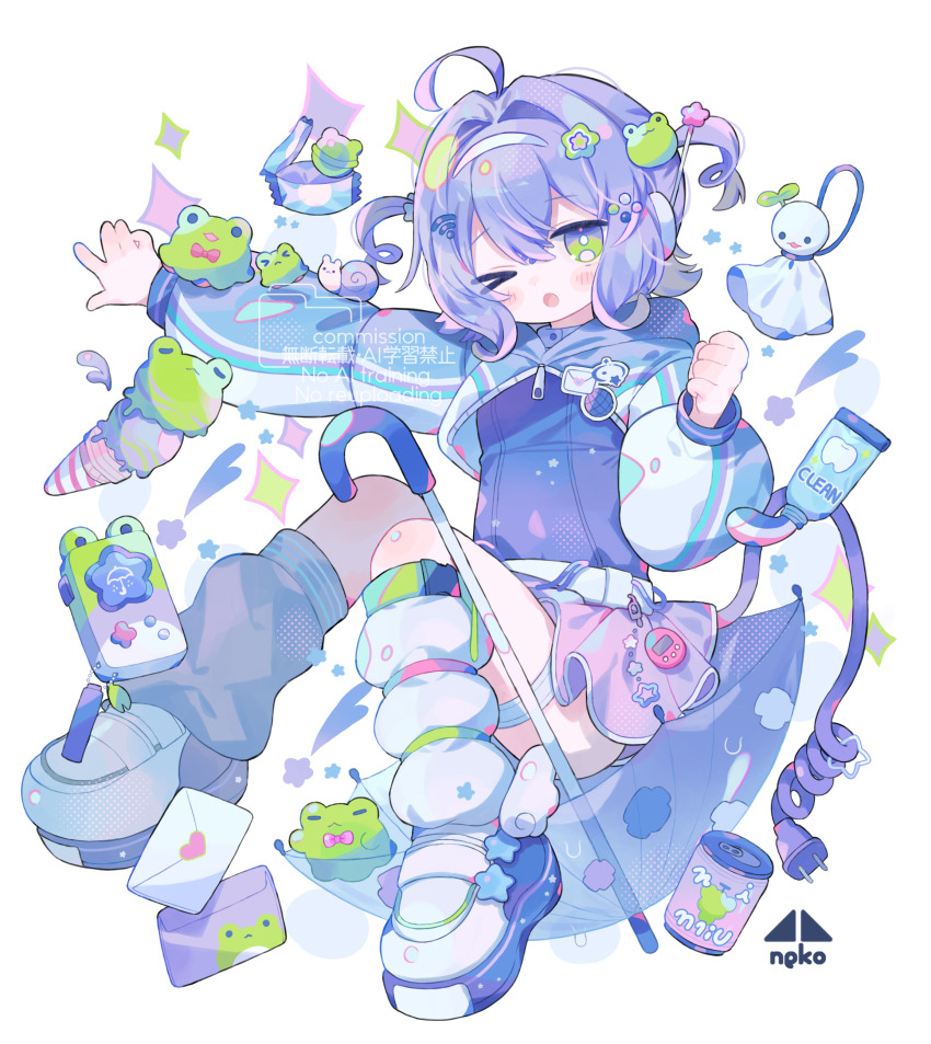 &gt;_o 1girl absurdres ahoge blush cable cellphone commentary_request commission cotono_(nazekun) electric_plug frog frog_hair_ornament green_eyes hair_ornament hairband highres ice_cream_cone jacket leg_warmers letter looking_at_viewer love_letter one_eye_closed original phone purple_hair purple_shirt purple_skirt shirt shoes simple_background skeb_commission skirt sneakers solo tamagotchi_(virtual_pet) teruterubouzu thigh_strap thighs tight_clothes toothpaste two_side_up umbrella unzipped virtual_pet_(toy) watermark white_background white_jacket white_leg_warmers white_shoes