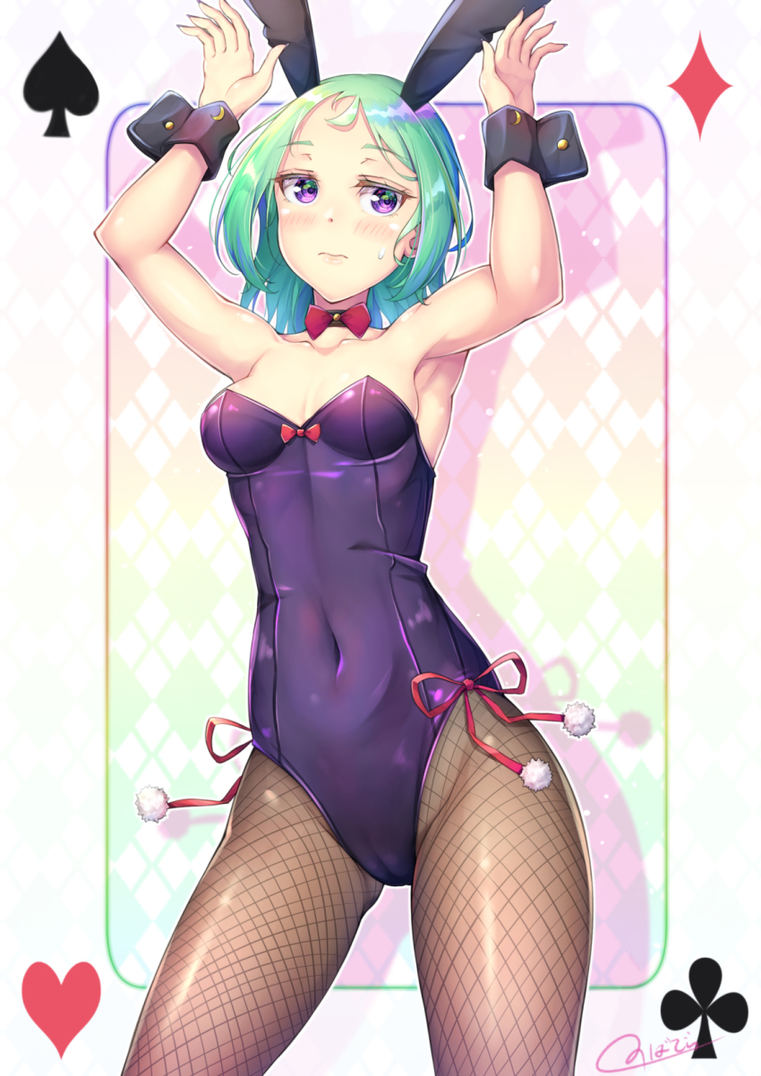 1girl akizora_mina animal_ears bare_shoulders blush breasts card embarrassed fake_animal_ears fishnet_pantyhose fishnets green_hair highres leotard looking_at_viewer medium_breasts novady original pantyhose playboy_bunny playing_card purple_eyes rabbit_ears shiny_clothes shiny_skin short_hair solo sweatdrop wrist_cuffs