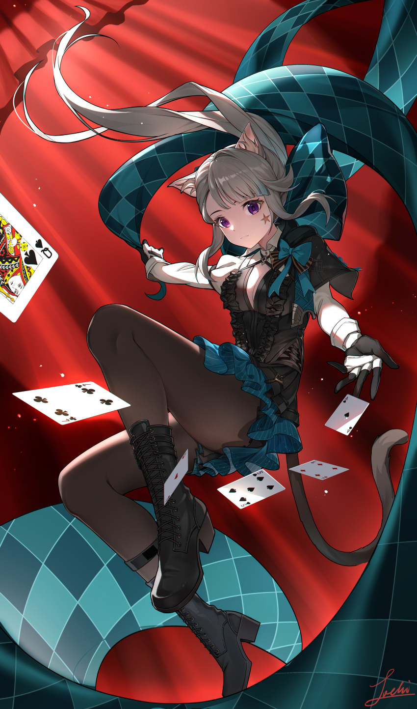 1girl absurdres ace_(playing_card) ace_of_hearts ace_of_spades animal_ears ankle_boots black_boots boots bow breasts card cat_ears cat_girl cat_tail cleavage commentary expressionless facial_mark five_of_spades four_of_clubs four_of_diamonds genshin_impact grey_hair hair_bow heart high_heel_boots high_heels highres joehi lace-up_boots leotard lynette_(genshin_impact) medium_breasts pantyhose playing_card purple_eyes queen_(playing_card) queen_of_spades_(playing_card) red_curtains ribbon solo spade_(shape) star_(symbol) tail two-tone_gloves
