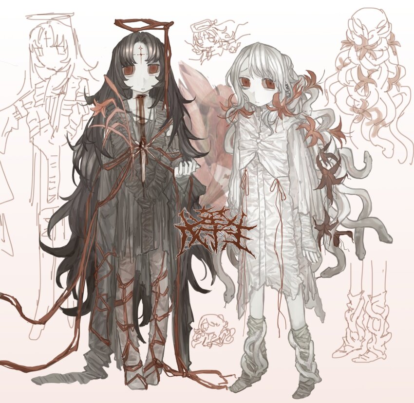2girls blood blood_from_neck brown_coat brown_hair closed_mouth coat expressionless flower-shaped_hair frilled_coat frills full_body halo highres injury long_hair multiple_girls neck_injury orange_eyes original pale_skin red_ribbon ribbon sketch_inset snake_hair standing very_long_hair white_background white_coat white_hair wuwuren